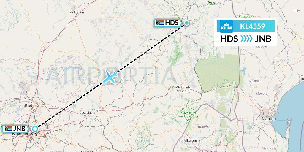 KL4559 KLM Flight Map: Hoedspruit to Johannesburg