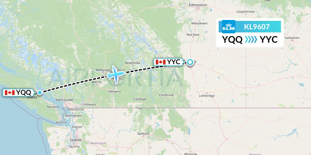KL9607 KLM Flight Map: Comox to Calgary
