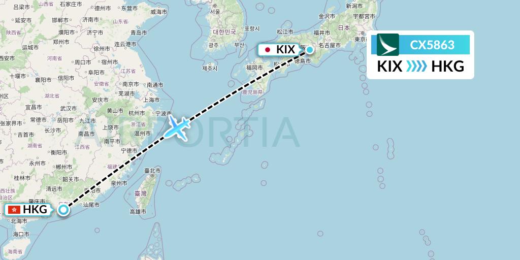 CX5863 Cathay Pacific Flight Map: Osaka to Hong Kong