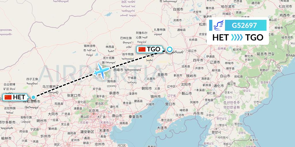 G52697 China Express Airlines Flight Map: Hohhot to Tongliao