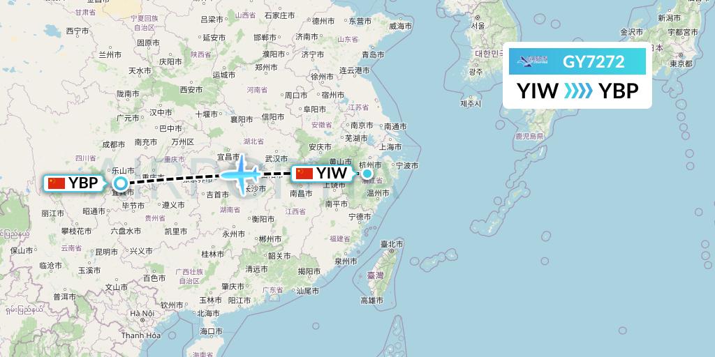 GY7272 Colorful GuiZhou Airlines Flight Map: Yiwu to Yibin