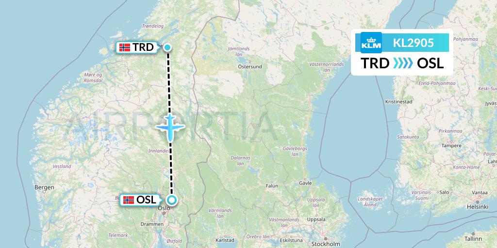 KL2905 KLM Flight Map: Trondheim to Oslo