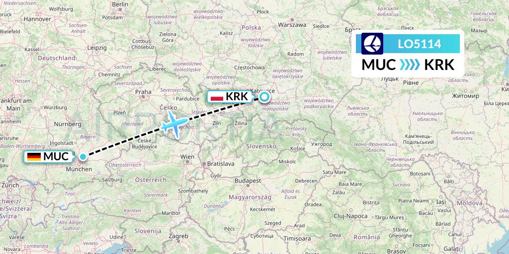 LO5114 LOT Flight Map: Munich to Krakow