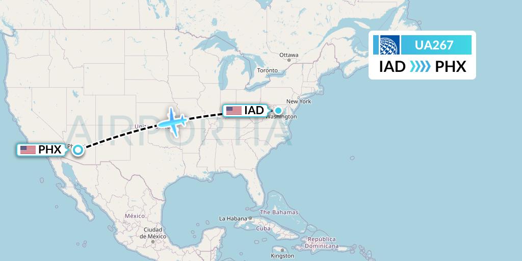 UA267 United Airlines Flight Map: Washington to Phoenix