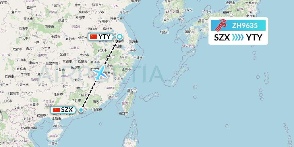 ZH9635 Shenzhen Airlines Flight Map: Shenzhen to Yangzhou