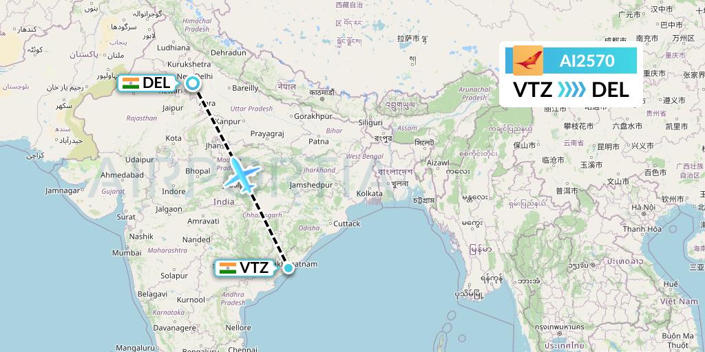 AI2570 Air India Flight Map: Visakhapatnam to Delhi