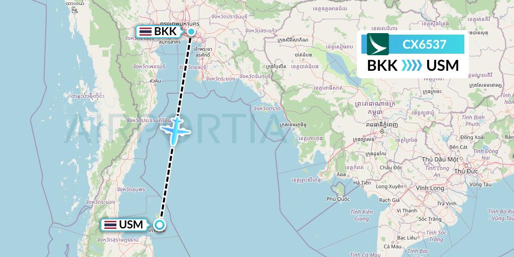 CX6537 Cathay Pacific Flight Map: Bangkok to Koh Samui