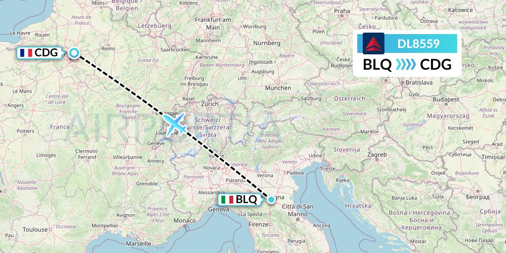 DL8559 Delta Air Lines Flight Map: Bologna to Paris