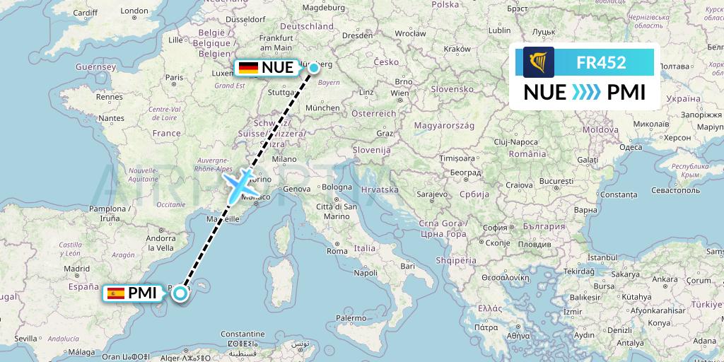 FR452 Ryanair Flight Map: Nurnberg to Palma de Mallorca
