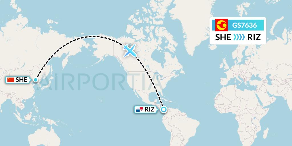GS7636 Tianjin Airlines Flight Map: Shenyang to Rio Alzucar