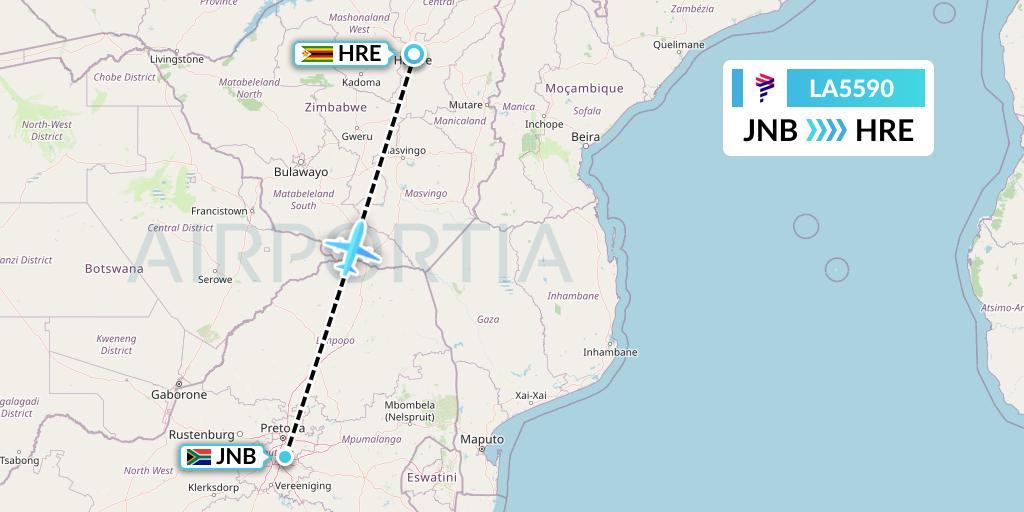 LA5590 LAN Airlines Flight Map: Johannesburg to Harare