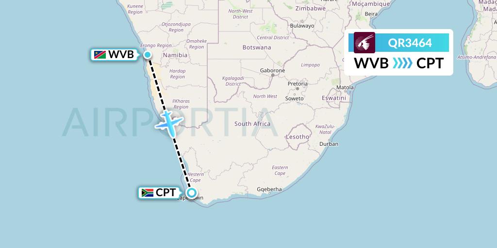 QR3464 Qatar Airways Flight Map: Walvis Bay to Cape Town