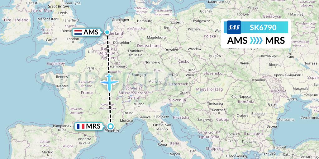 SK6790 SAS Flight Map: Amsterdam to Marseille