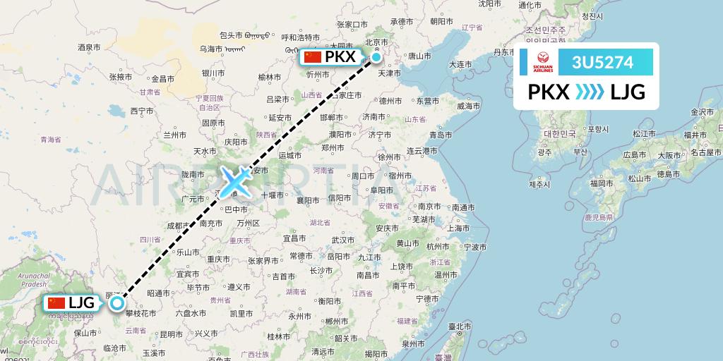 3U5274 Sichuan Airlines Flight Map: Beijing to Lijiang
