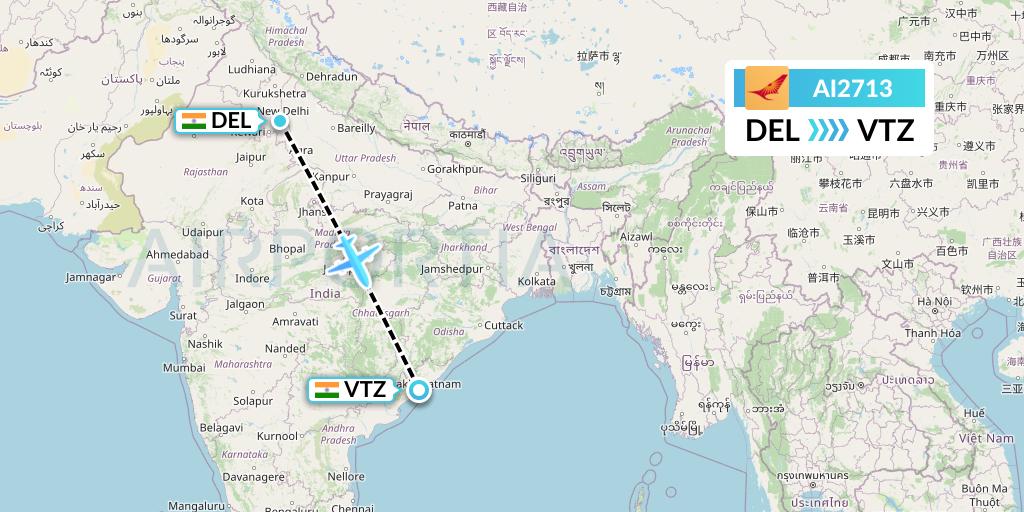 AI2713 Air India Flight Map: Delhi to Visakhapatnam