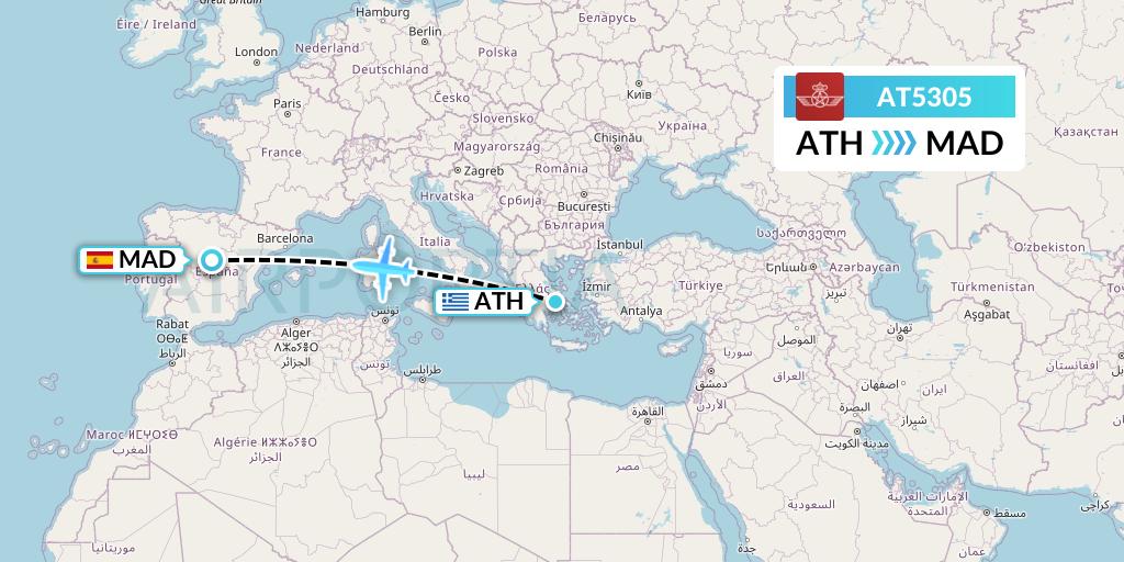 AT5305 Royal Air Maroc Flight Map: Athens to Madrid