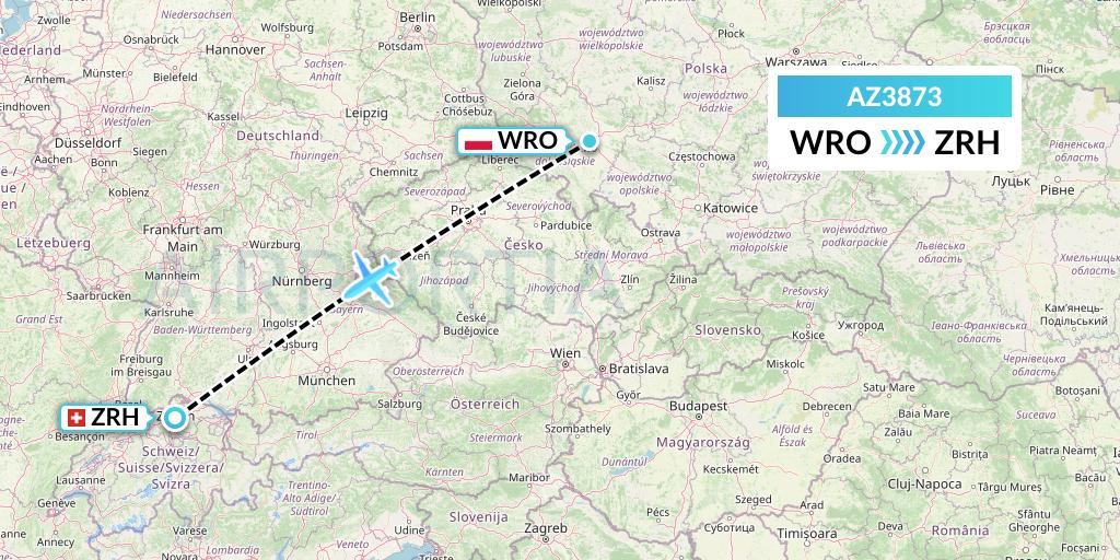 AZ3873 ITA Airways Flight Map: Wroclaw to Zurich