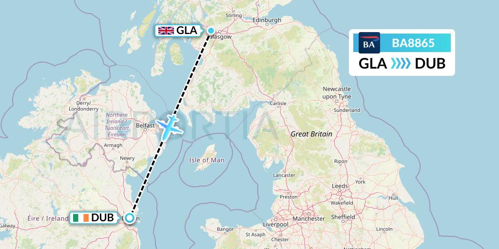 BA8865 British Airways Flight Map: Glasgow to Dublin