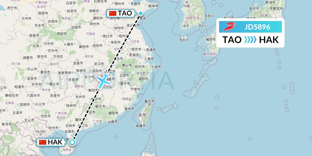 JD5896 Capital Airlines Flight Map: Qingdao to Haikou