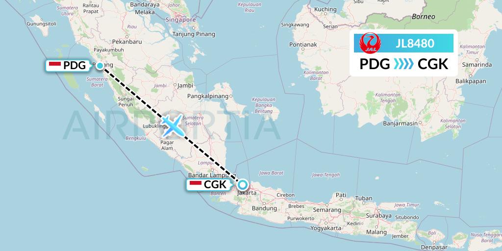 JL8480 Japan Airlines Flight Map: Padang to Jakarta
