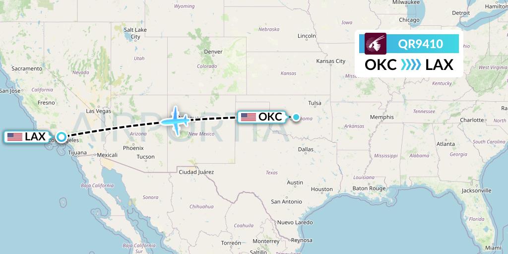 QR9410 Qatar Airways Flight Map: Oklahoma City to Los Angeles