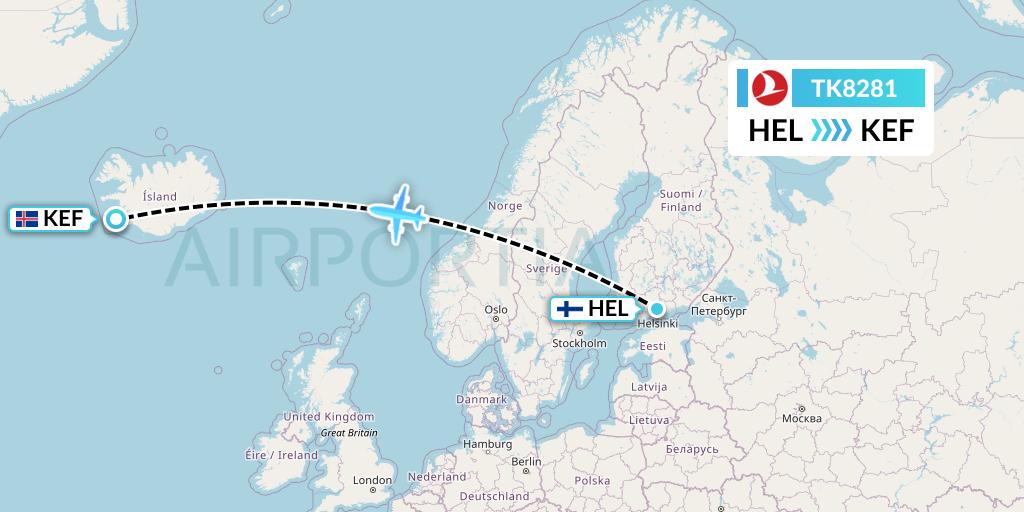 TK8281 Turkish Airlines Flight Map: Helsinki to Reykjavik