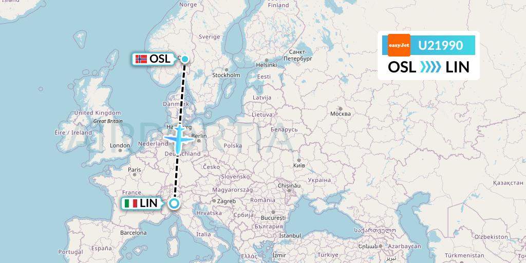 U21990 EasyJet Flight Map: Oslo to Milan