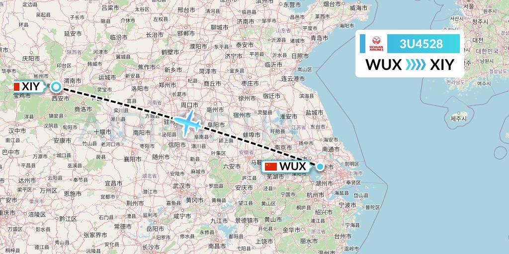 3U4528 Sichuan Airlines Flight Map: Wuxi to Xi'an