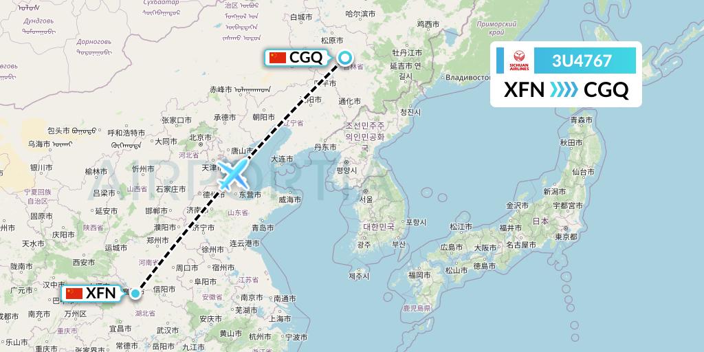 3U4767 Sichuan Airlines Flight Map: Xiangyang to Changchun