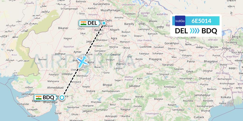 6E5014 IndiGo Airlines Flight Map: Delhi to Vadodara