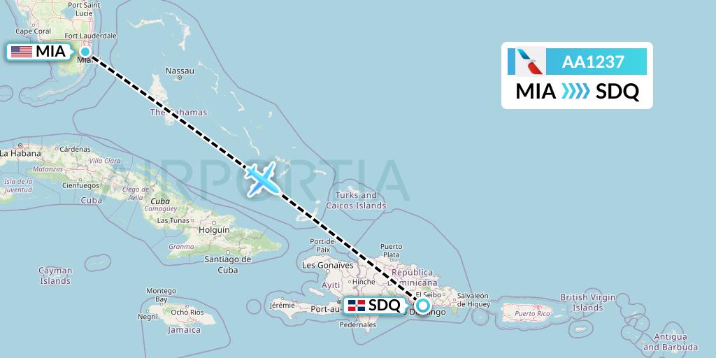 AA1237 American Airlines Flight Map: Miami to Santo Domingo