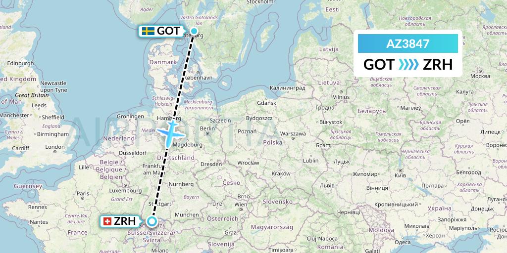 AZ3847 ITA Airways Flight Map: Gothenburg to Zurich