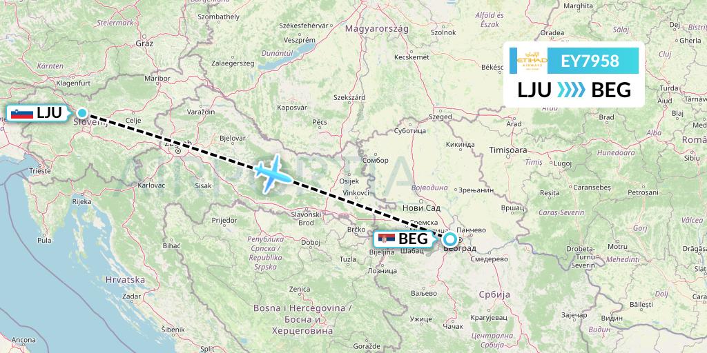 EY7958 Etihad Airways Flight Map: Ljubljana to Belgrade