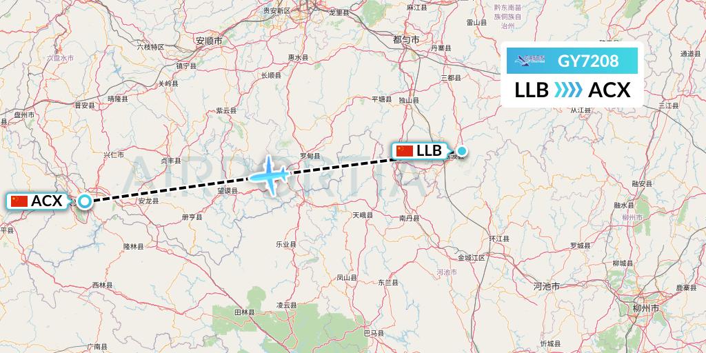 GY7208 Colorful GuiZhou Airlines Flight Map: Libo to Xingyi