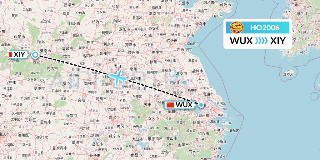 HO2006 Juneyao Airlines Flight Map: Wuxi to Xi'an