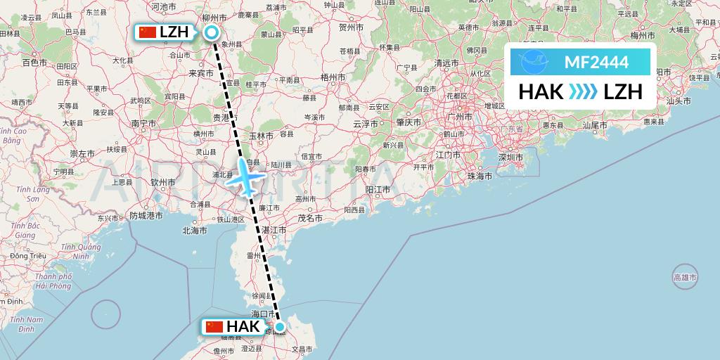 MF2444 Xiamen Airlines Flight Map: Haikou to Liuzhou