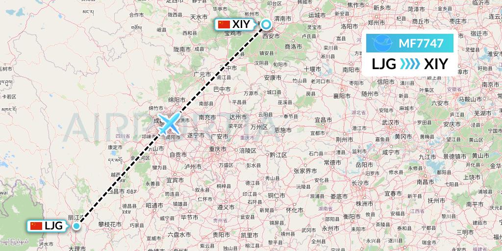 MF7747 Xiamen Airlines Flight Map: Lijiang to Xi'an