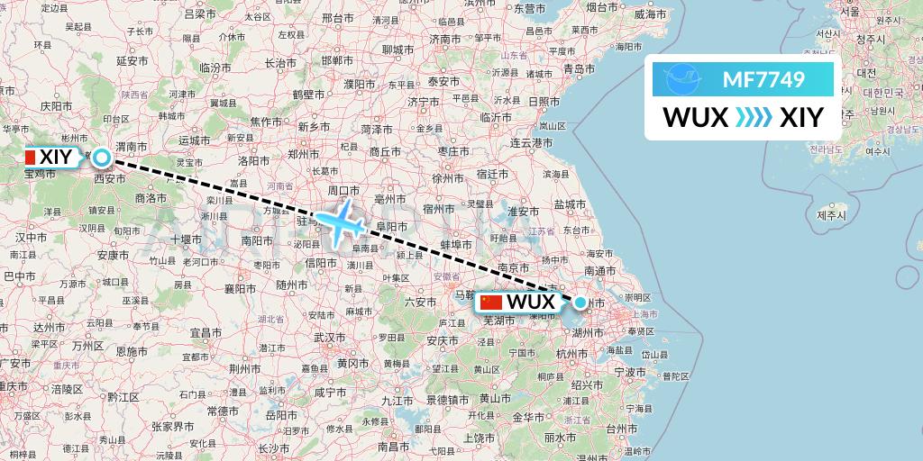 MF7749 Xiamen Airlines Flight Map: Wuxi to Xi'an