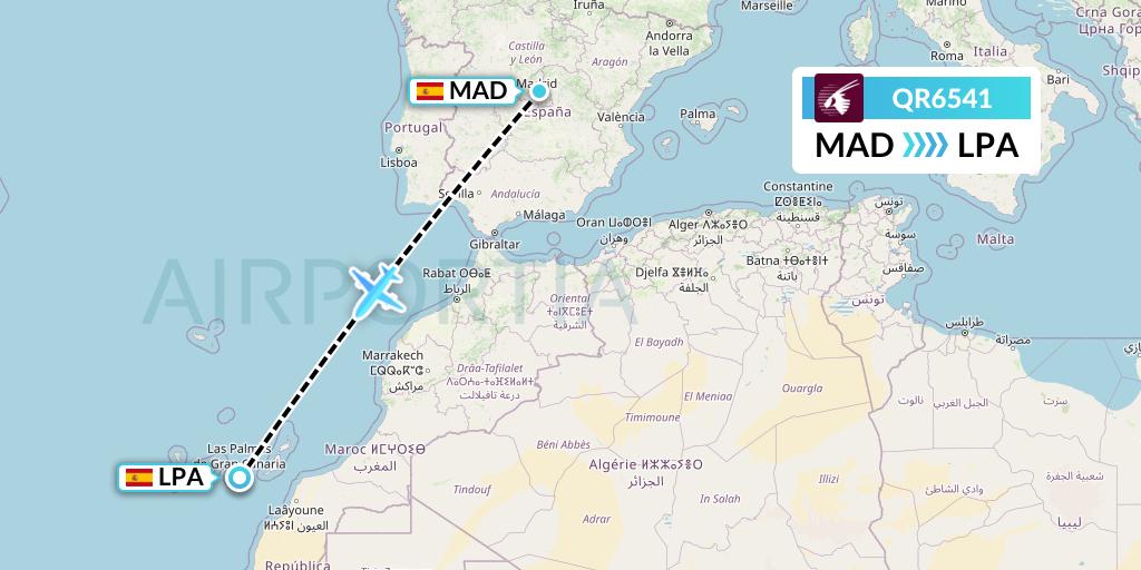 QR6541 Qatar Airways Flight Map: Madrid to Las Palmas