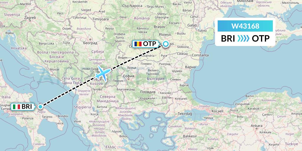 W43168 Wizz Air Malta Flight Map: Bari to Bucharest