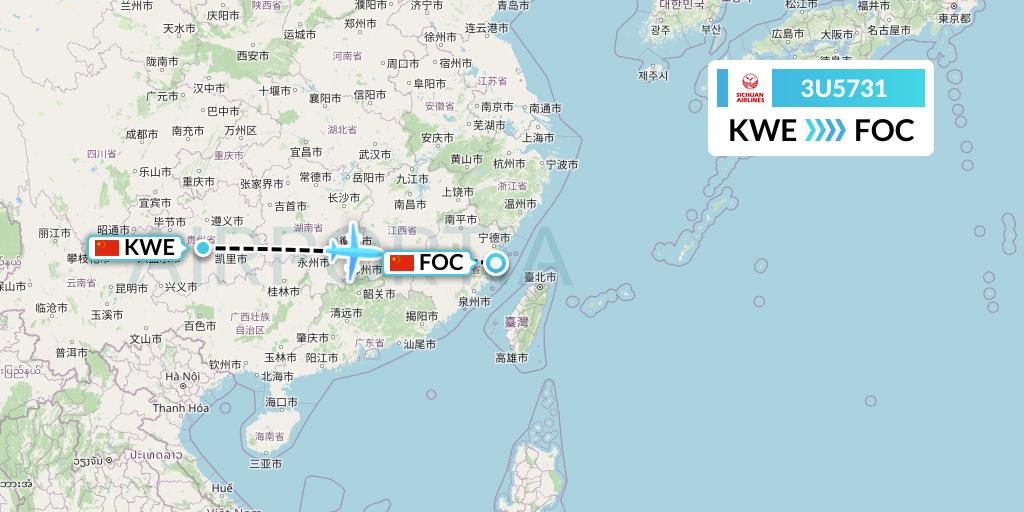 3U5731 Sichuan Airlines Flight Map: Guiyang to Fuzhou