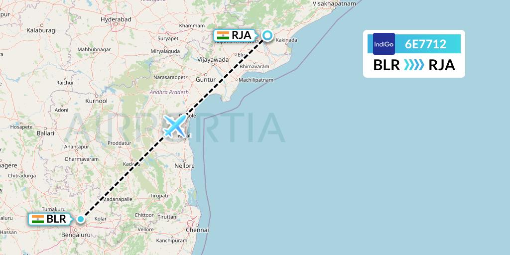 6E7712 IndiGo Airlines Flight Map: Bangalore to Rajahmundry