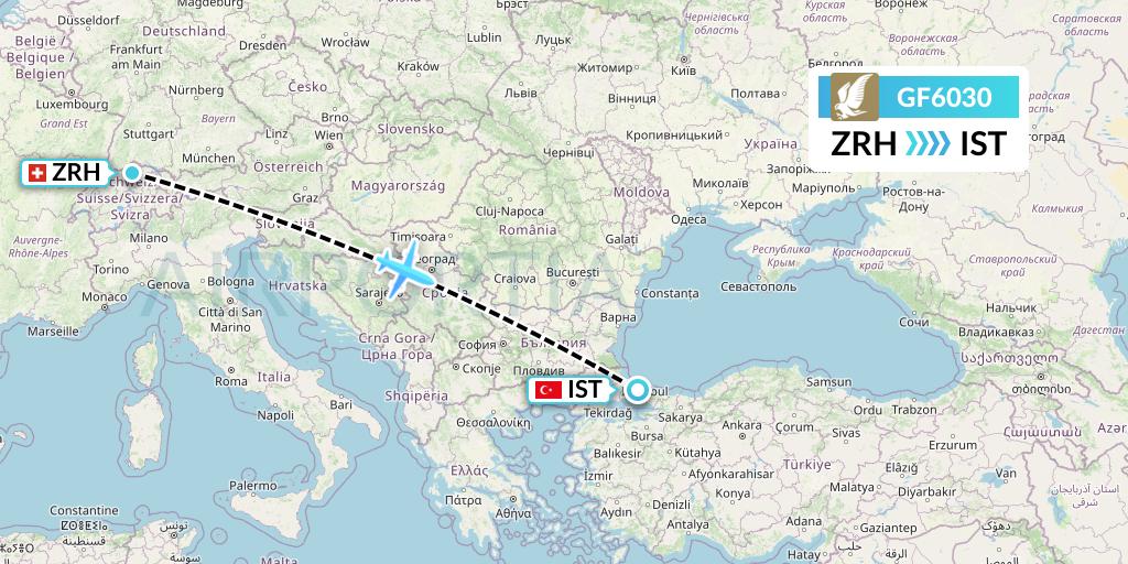 GF6030 Gulf Air Flight Map: Zurich to Istanbul
