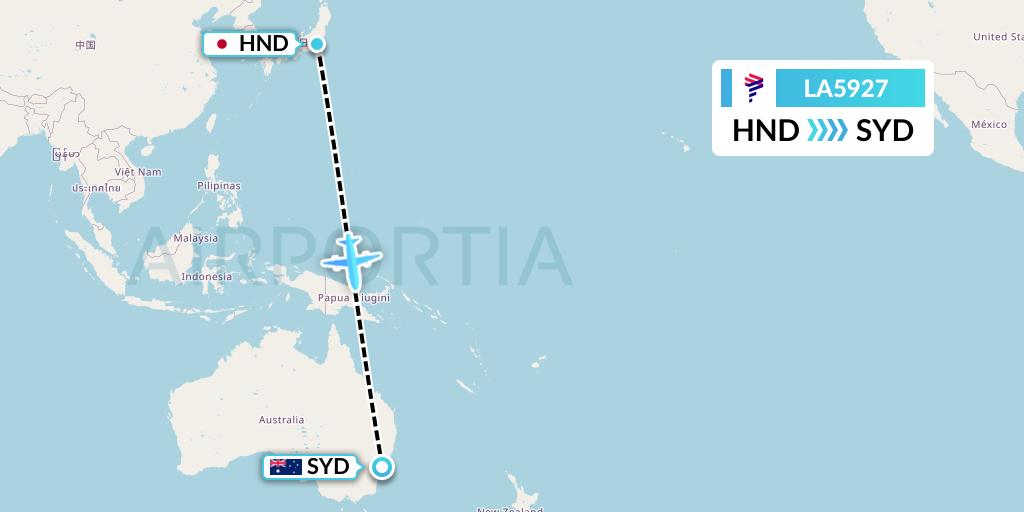 LA5927 LAN Airlines Flight Map: Tokyo to Sydney
