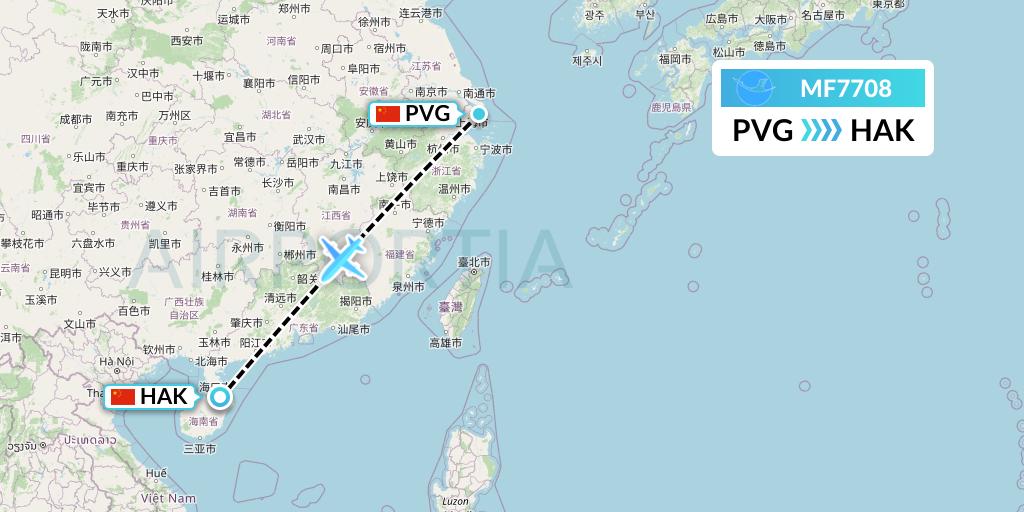 MF7708 Xiamen Airlines Flight Map: Shanghai to Haikou