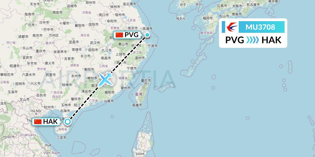 MU3708 China Eastern Airlines Flight Map: Shanghai to Haikou
