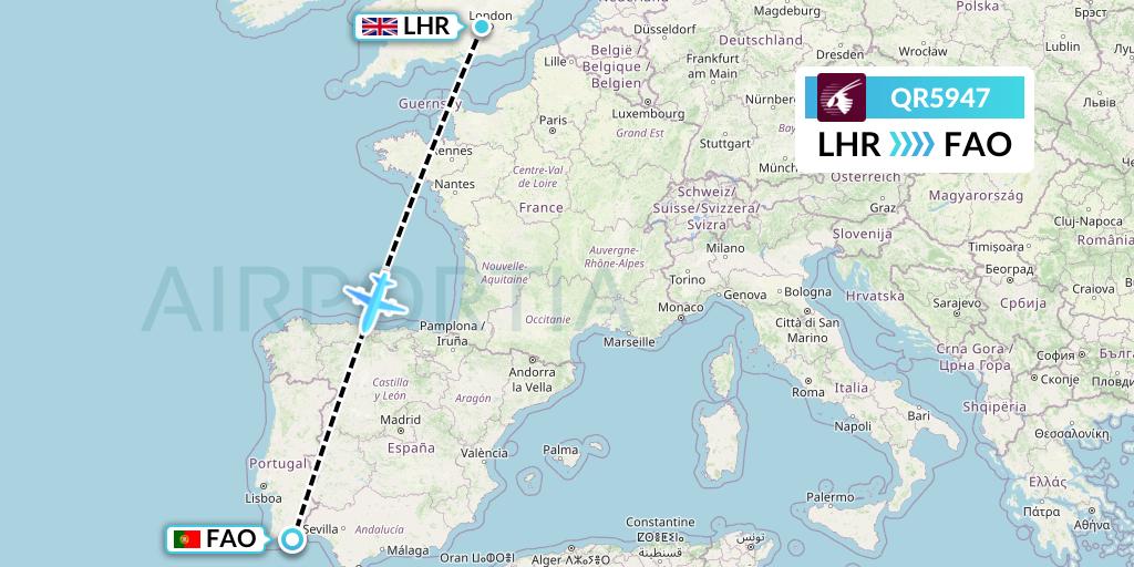 QR5947 Qatar Airways Flight Map: London to Faro