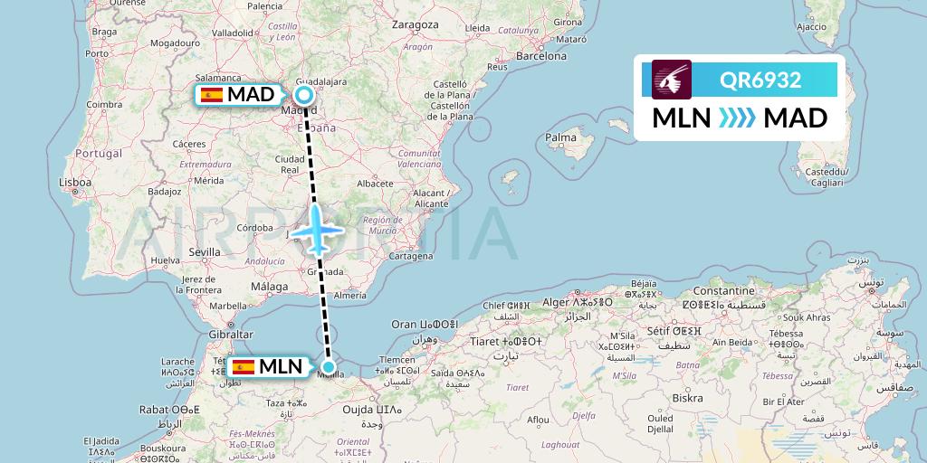 QR6932 Qatar Airways Flight Map: Melilla to Madrid