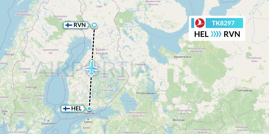 TK8297 Turkish Airlines Flight Map: Helsinki to Rovaniemi