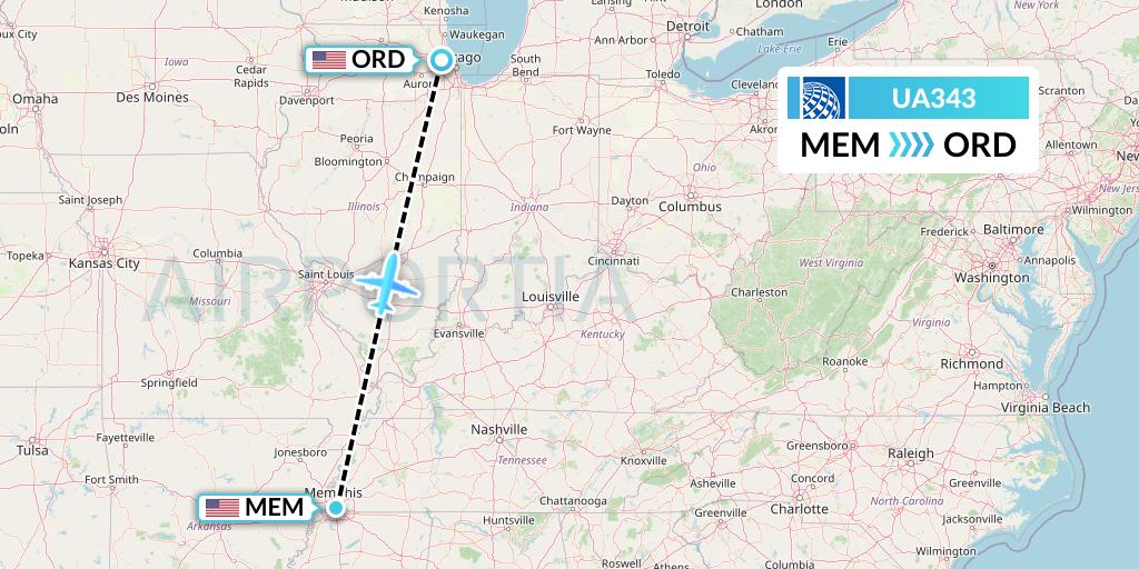 UA343 United Airlines Flight Map: Memphis to Chicago